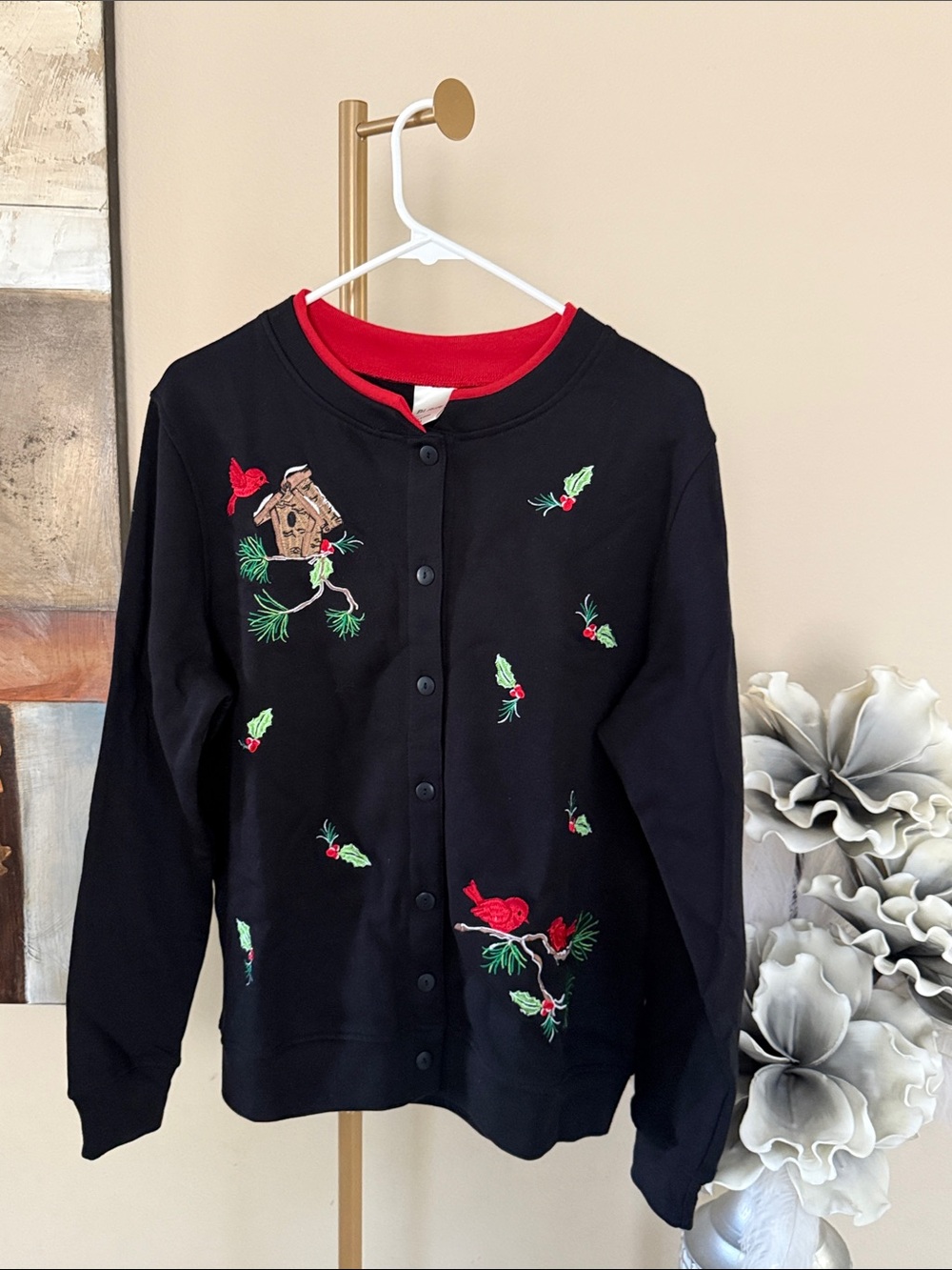Blair Black Snap-Front Cardigan with Red and Green Embroidery